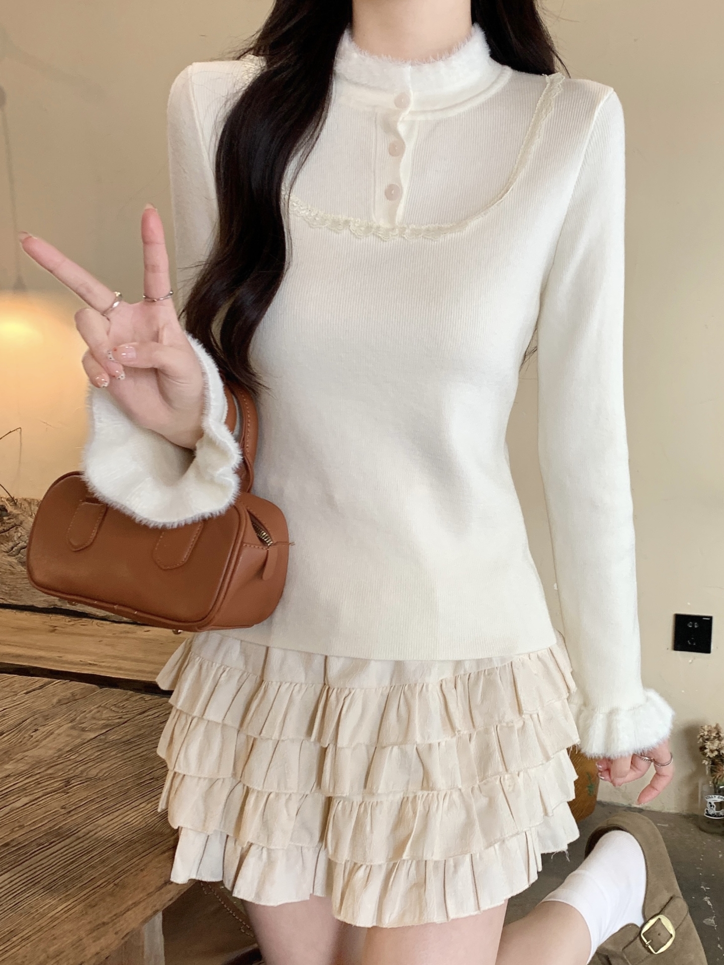 MY17656# 法式蕾丝毛毛拼接针织衫新款高级感修身显瘦内搭打底衫上衣女...