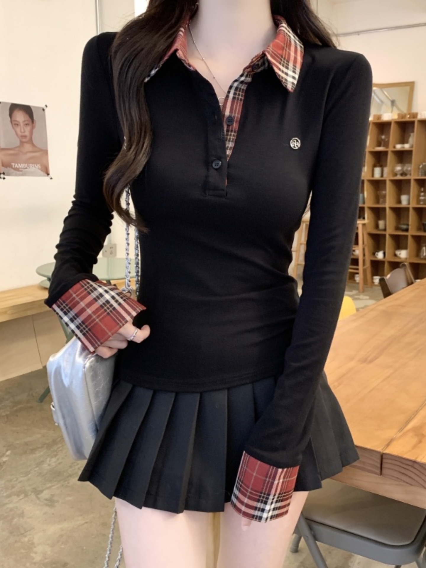 MY17659# 格纹polo领拼接假两件长袖t恤新款内搭修身显瘦打底衫上...