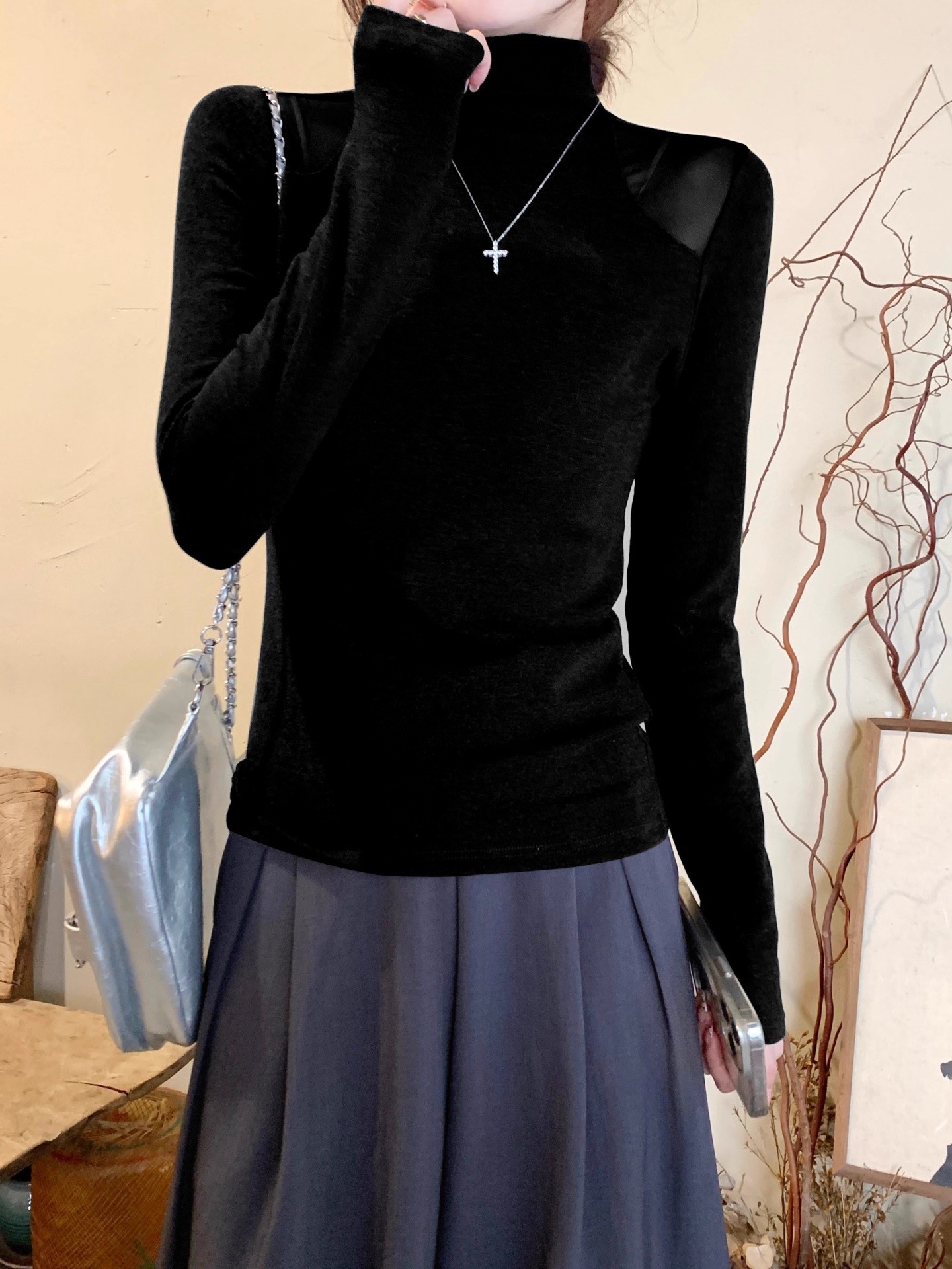 高級感網紗拼接半高領長袖t恤女冬季磨毛薄絨修身顯瘦打底衫上衣