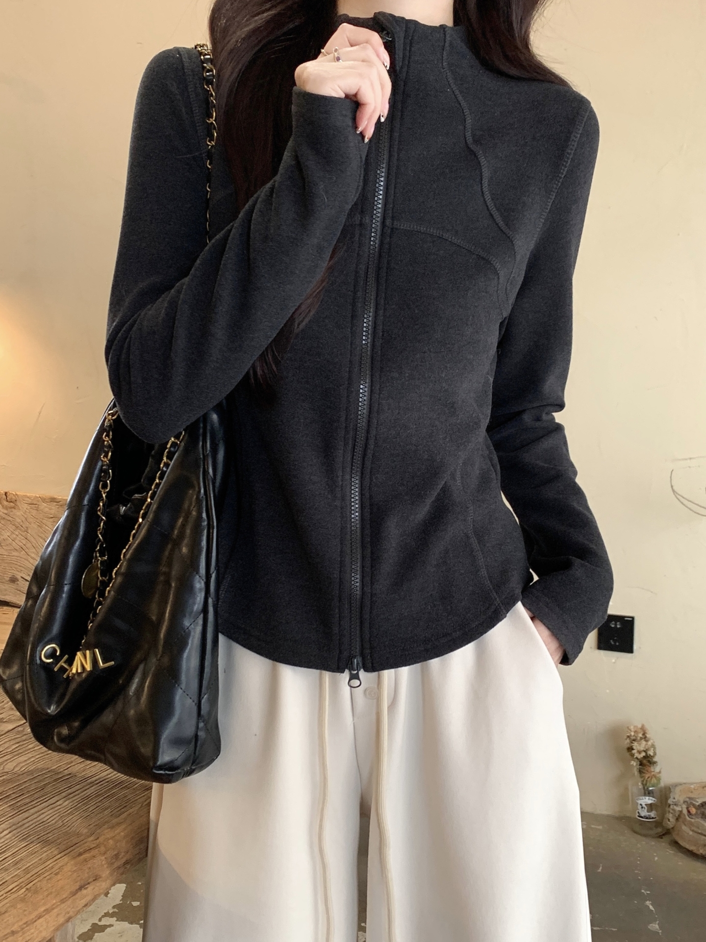韓系設計感雙拉鏈磨毛德絨長袖t恤女冬季新款修身顯瘦打底衫上衣