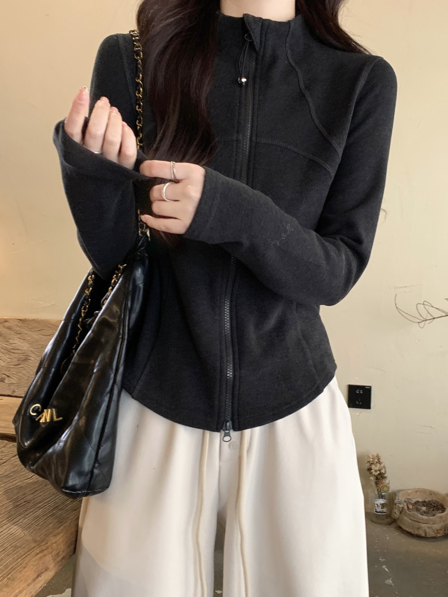 韓系設計感雙拉鏈磨毛德絨長袖t恤女冬季新款修身顯瘦打底衫上衣