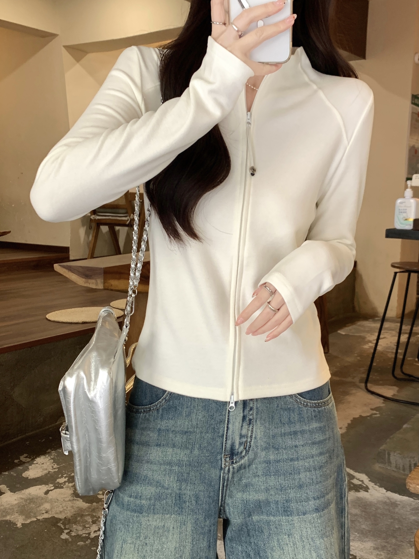 半高領雙拉鏈德絨長袖t恤女冬季新款修身顯瘦正肩打底衫上衣外套