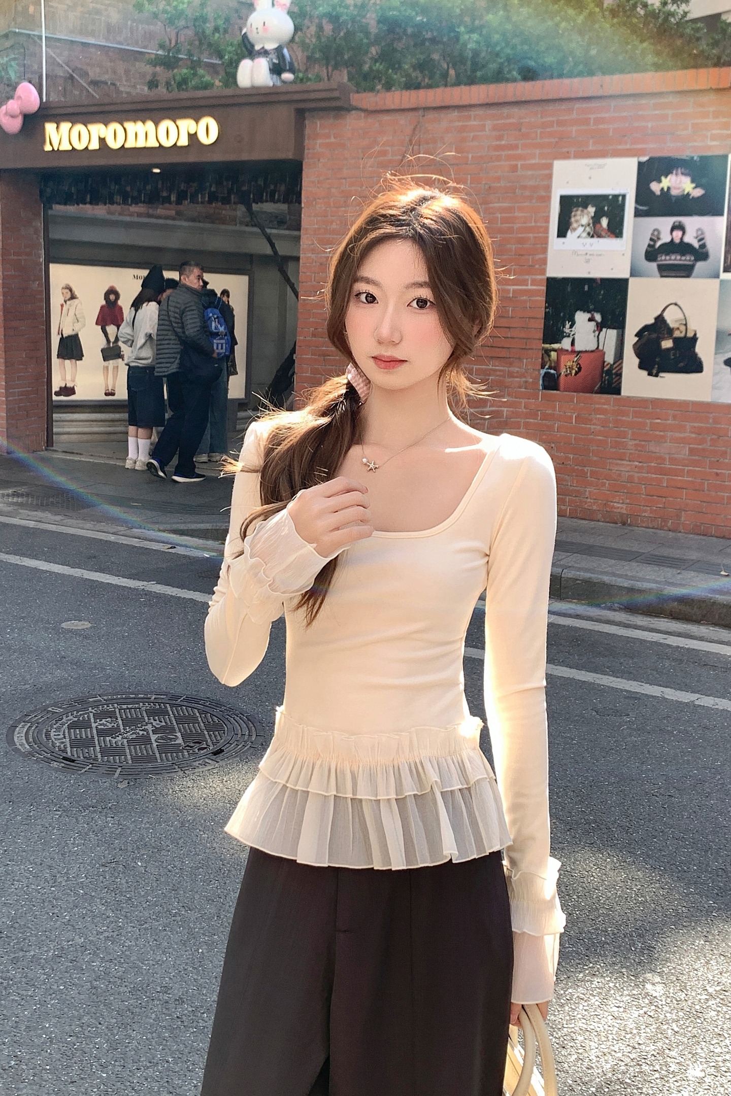 純欲辣妹U領荷葉邊拼接長袖t恤女2026春季新款收腰顯瘦巨好看上衣