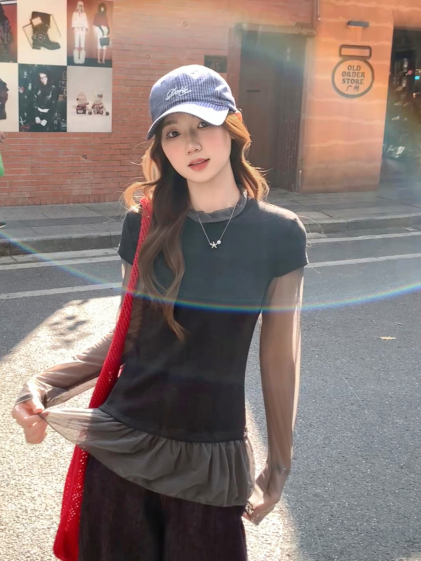 韓系設計感網紗拼接假兩件長袖t恤女春季新款氣質修身顯瘦上衣