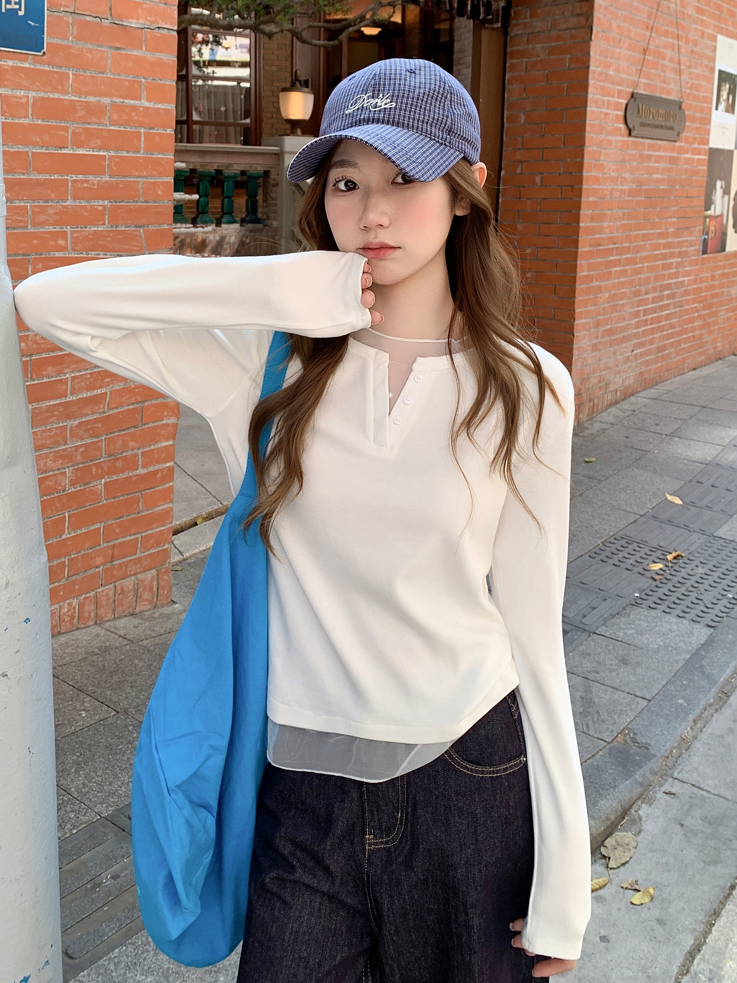 MY17650# 网纱拼接假两件长袖t恤新款宽松显瘦设计感打底衫上衣女裝貨...