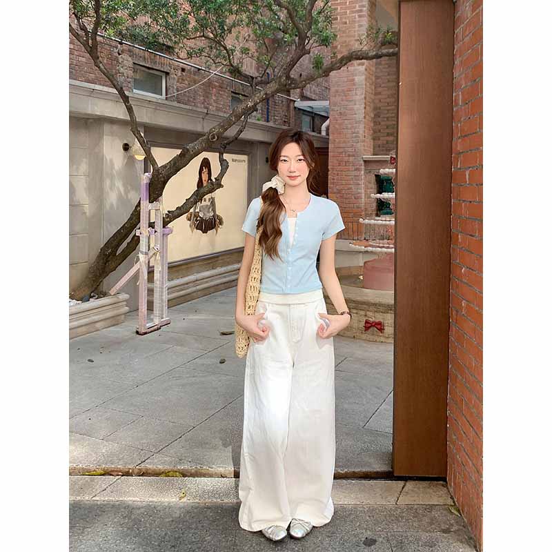 韓系拼接假兩件紐扣短袖t恤女2026新款收腰顯瘦氣質百搭打底上衣