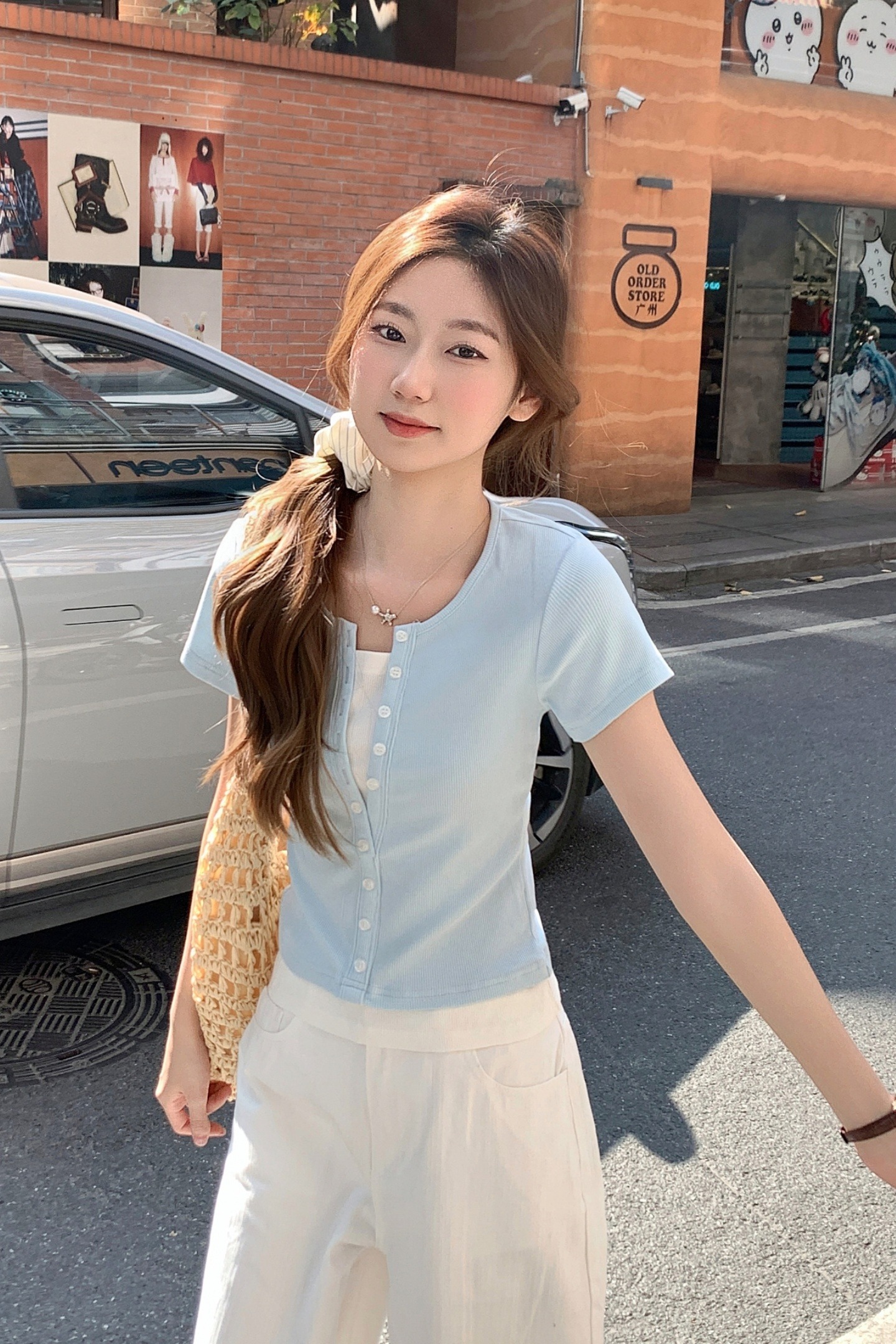 韓系拼接假兩件紐扣短袖t恤女2026新款收腰顯瘦氣質百搭打底上衣