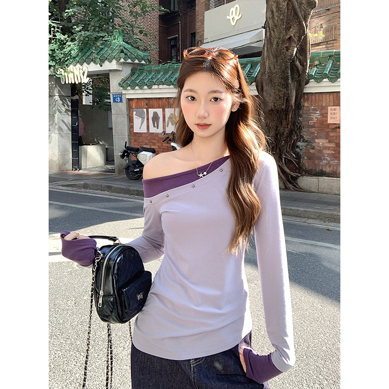 美式辣妹假兩件鉚釘斜肩長袖t恤女2026新款修身顯瘦氣質打底上衣