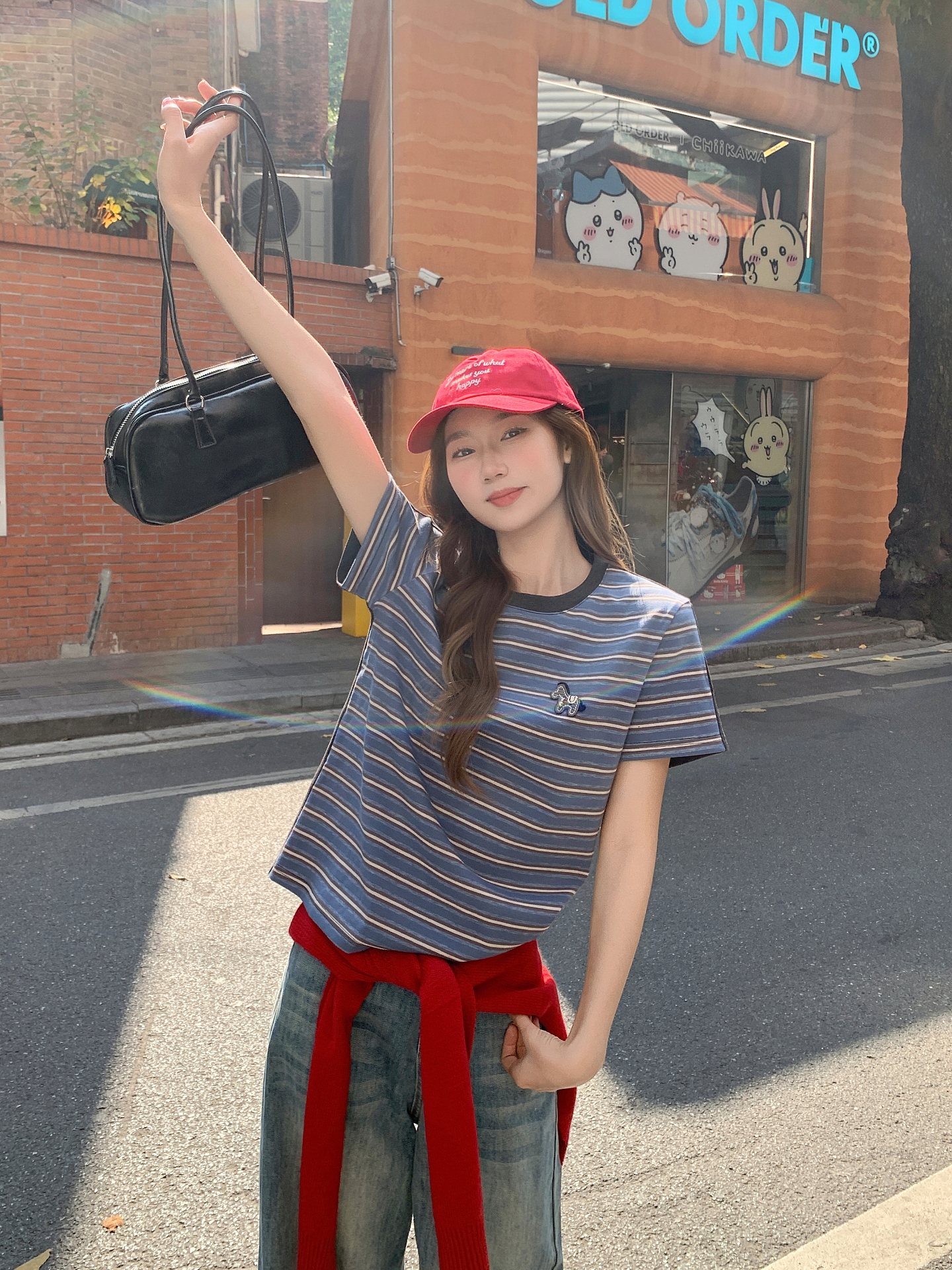 藍色條紋小馬刺繡短袖t恤女2026新款設計感修身顯瘦圓領撞色上衣