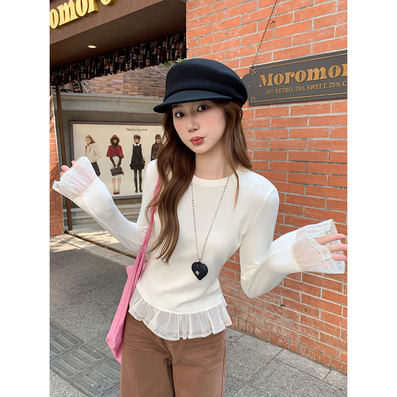 蕾絲花邊拼接長袖t恤女2026早春新款修身顯瘦疊穿百搭打底衫上衣