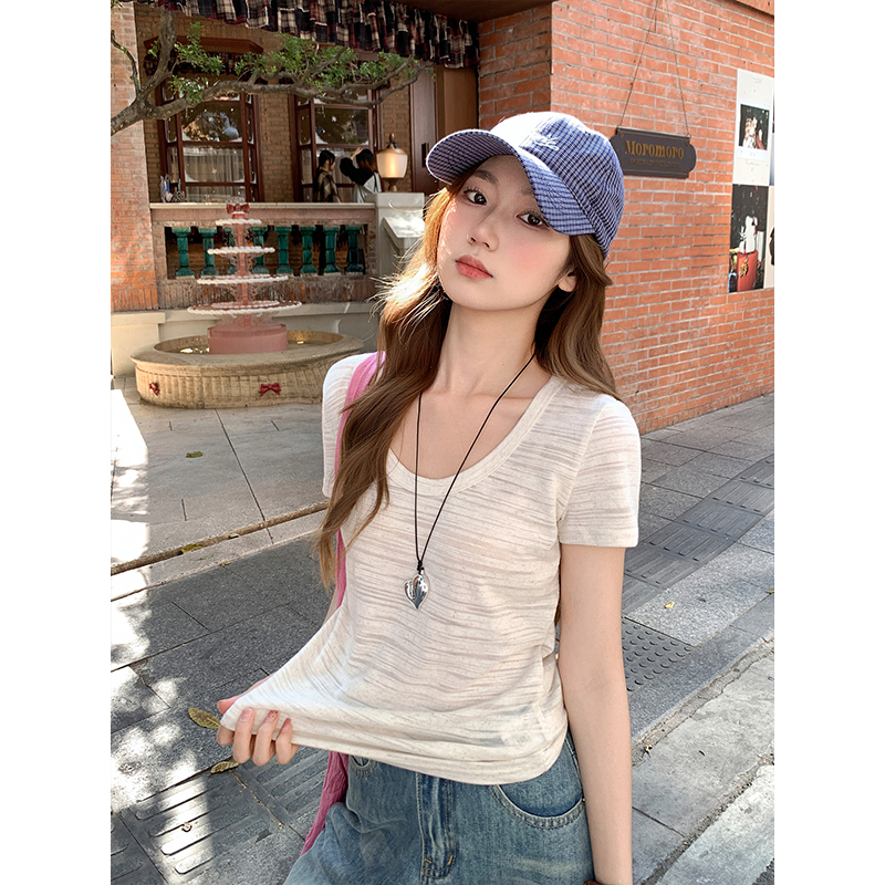 小眾設計感U領正肩短袖t恤女2026新款修身顯瘦獨特別致百搭上衣