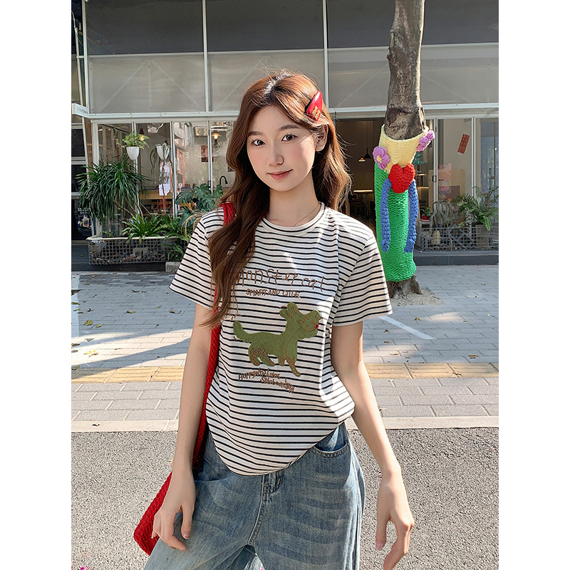 撞色條紋卡通印花圓領短袖t恤女2026新款寬松休閑百搭正肩小上衣