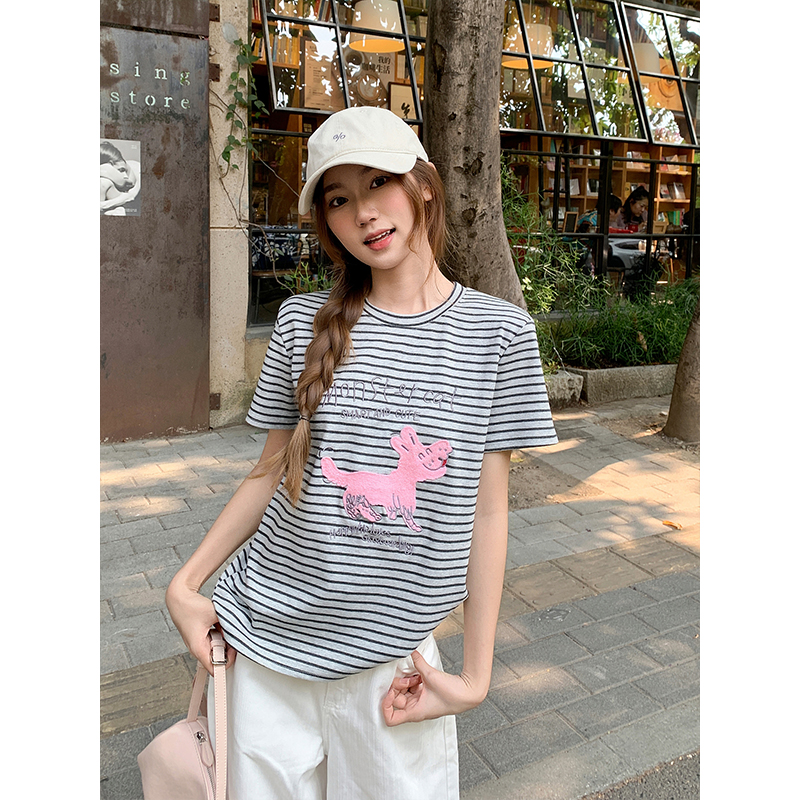 撞色條紋卡通印花圓領短袖t恤女2026新款寬松休閑百搭正肩小上衣