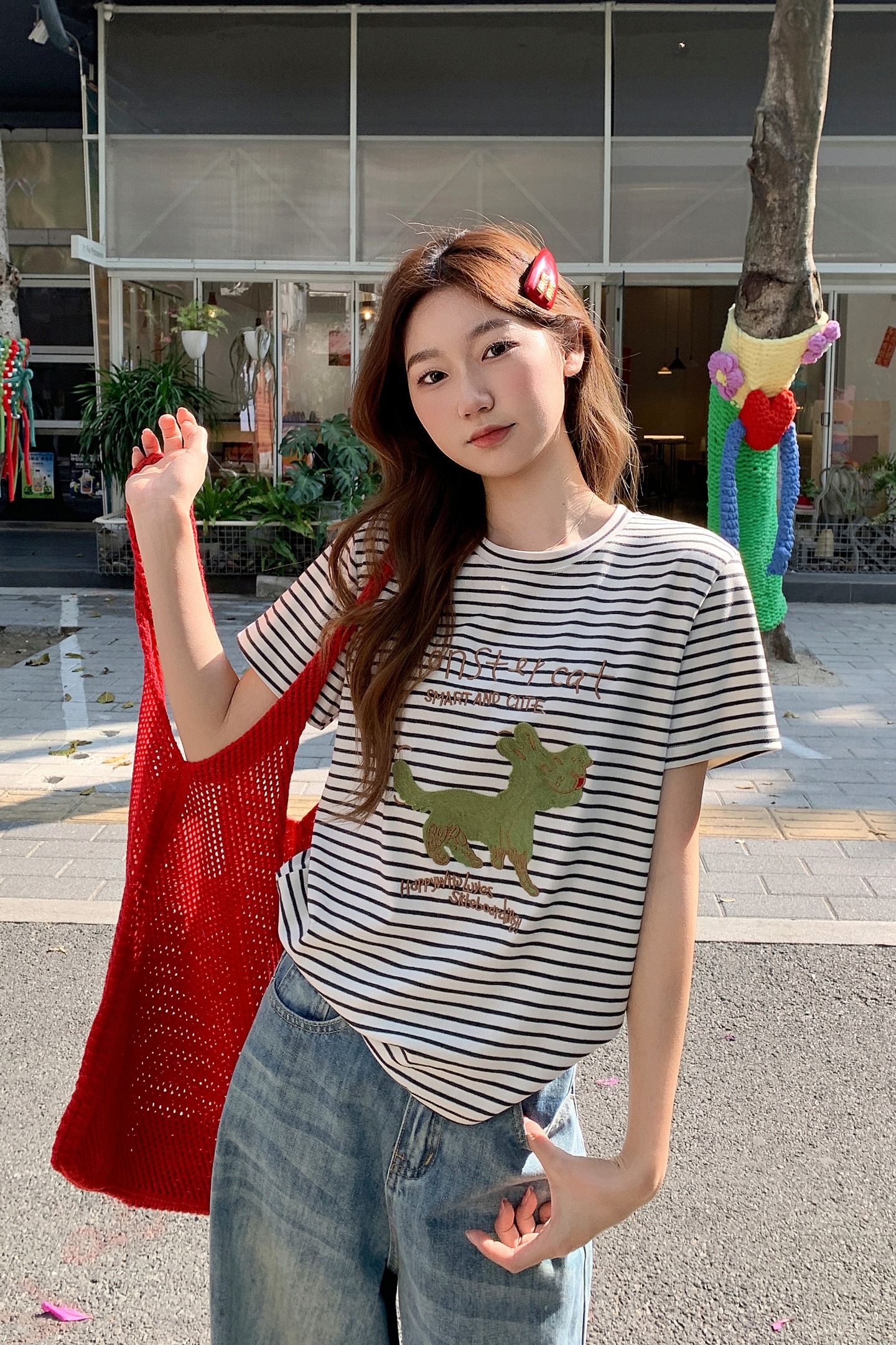 撞色條紋卡通印花圓領短袖t恤女2026新款寬松休閑百搭正肩小上衣