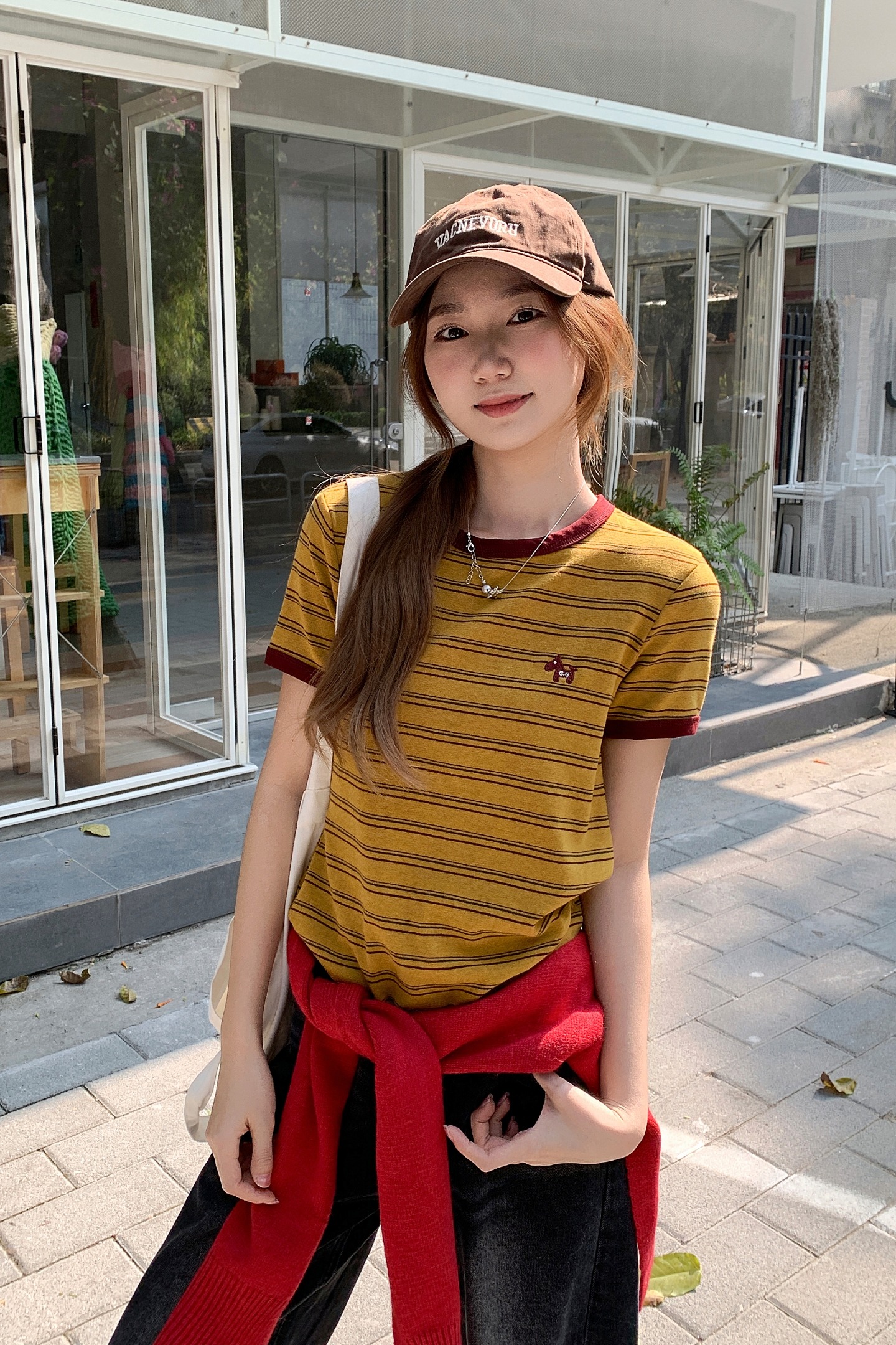 復古條紋撞色卡通刺繡短袖t恤女2026早春新款圓領寬松百搭小上衣