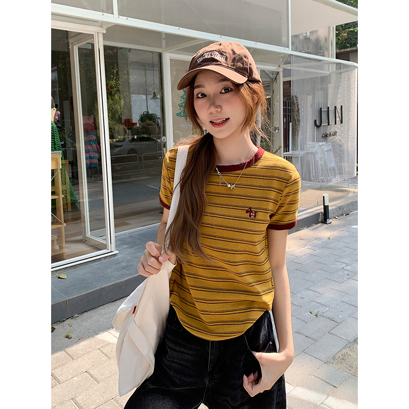 復古條紋撞色卡通刺繡短袖t恤女2026早春新款圓領寬松百搭小上衣