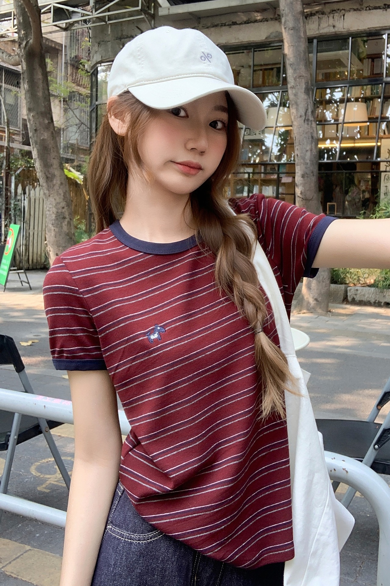 復古條紋撞色卡通刺繡短袖t恤女2026早春新款圓領寬松百搭小上衣