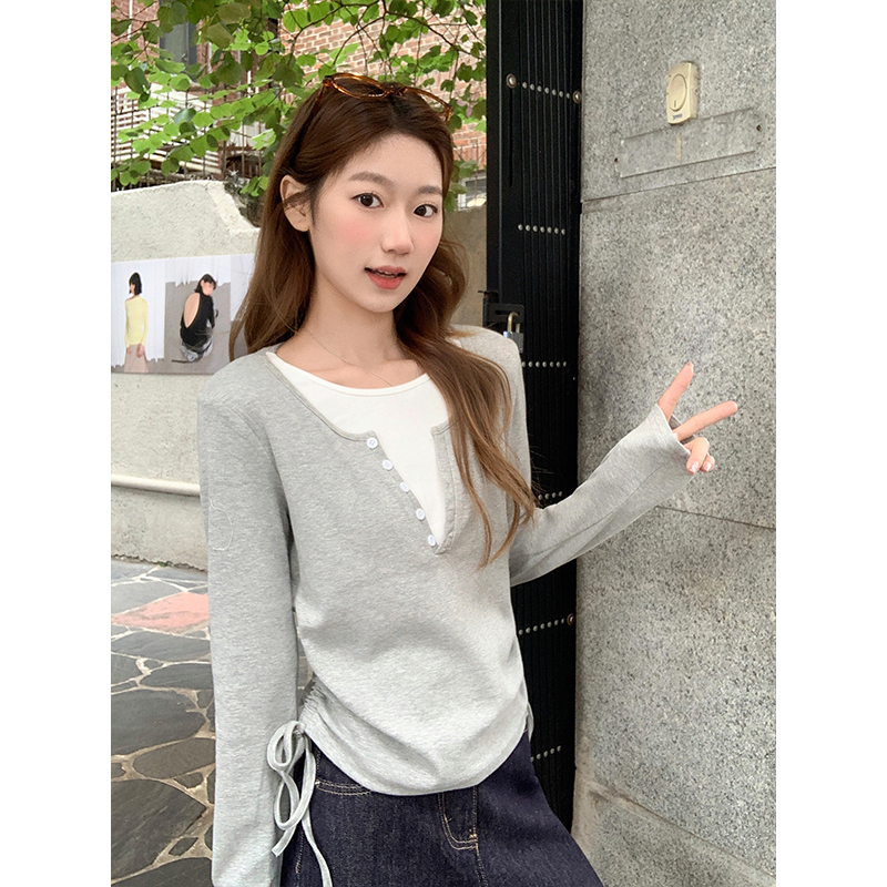 撞色拼接假兩件長袖t恤女2026新款抽繩收腰顯瘦獨特別致打底上衣