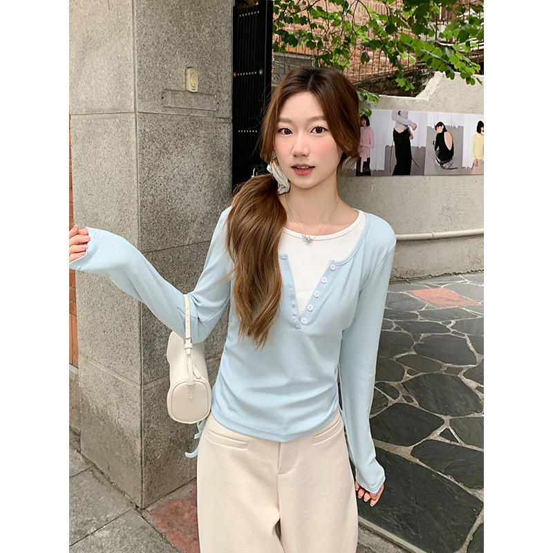 撞色拼接假兩件長袖t恤女2026新款抽繩收腰顯瘦獨特別致打底上衣