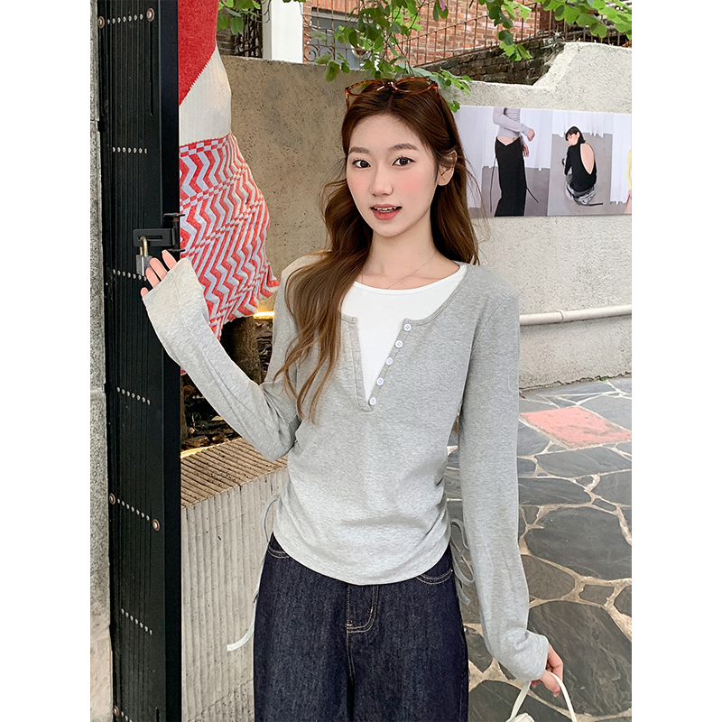 設計感假兩件抽繩收腰顯瘦長袖t恤女2026新款撞色拼接打底衫上衣