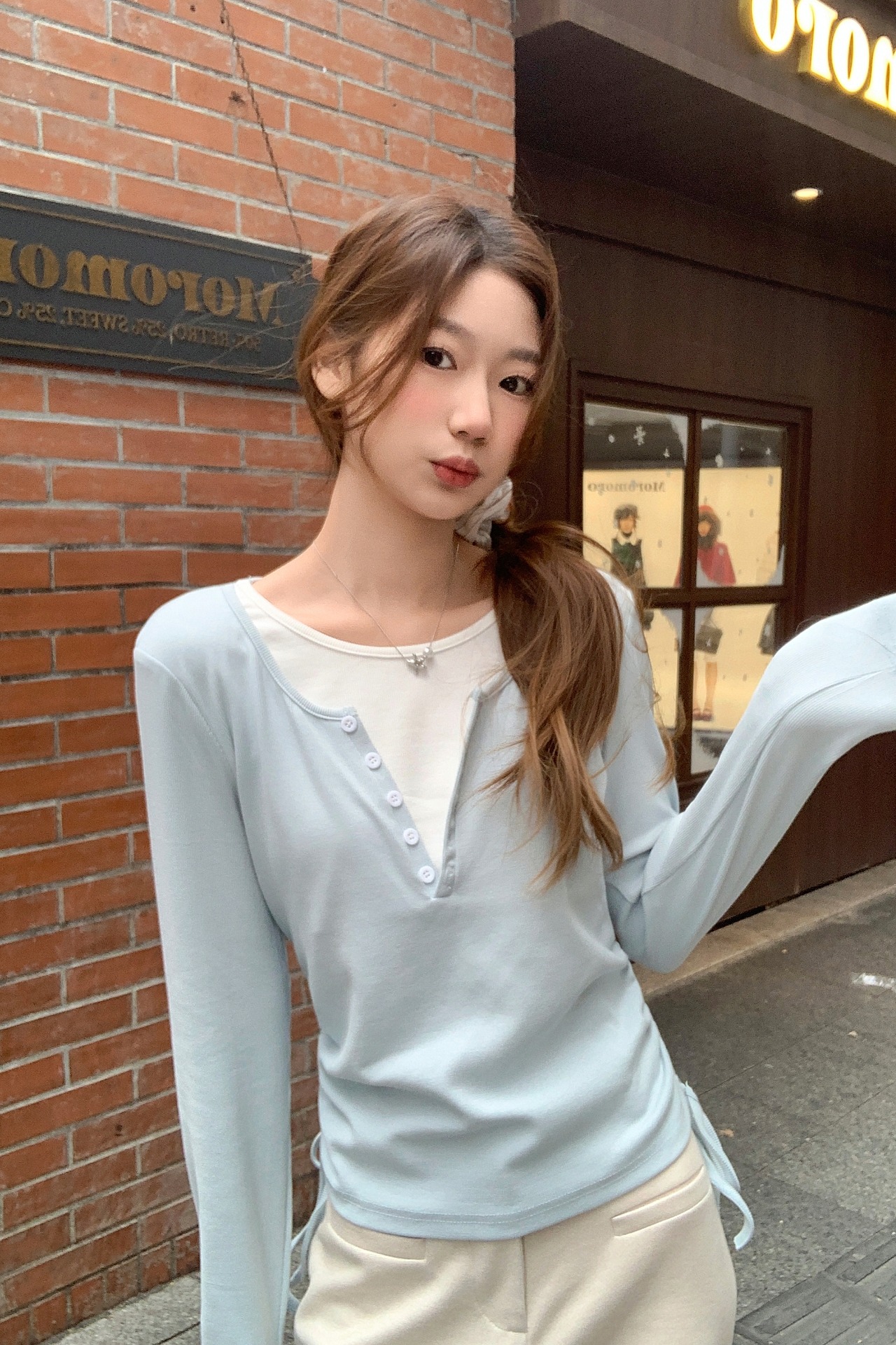 設計感假兩件抽繩收腰顯瘦長袖t恤女2026新款撞色拼接打底衫上衣