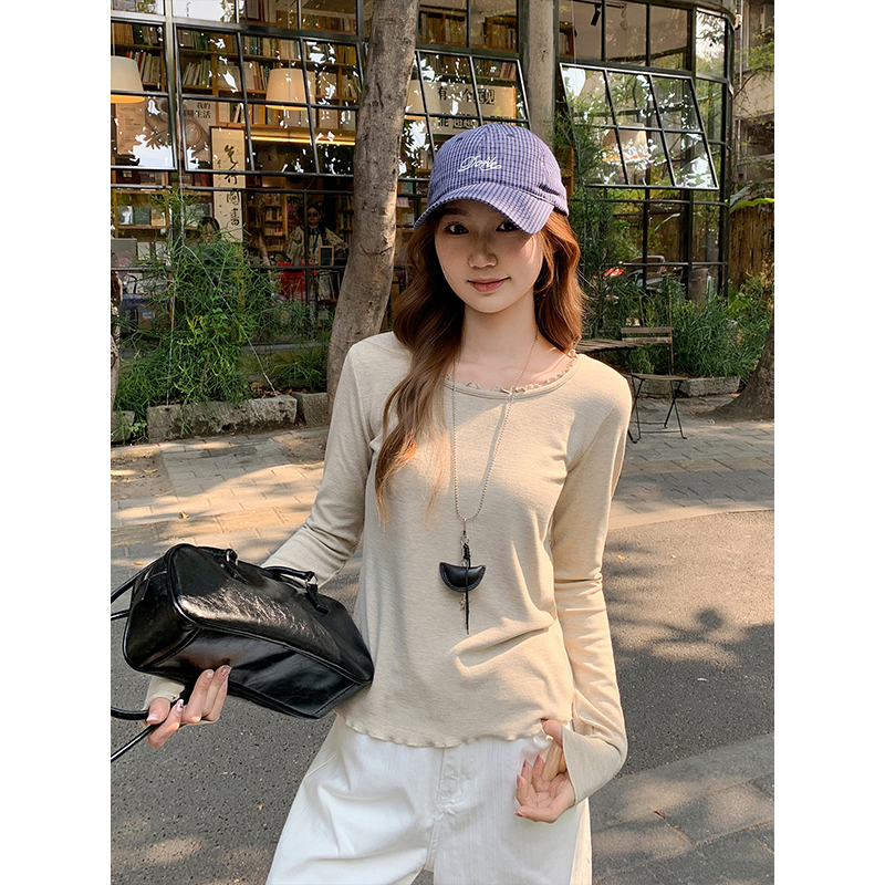 木耳邊純色長袖t恤女春裝新款修身顯瘦短款內搭打底上衣