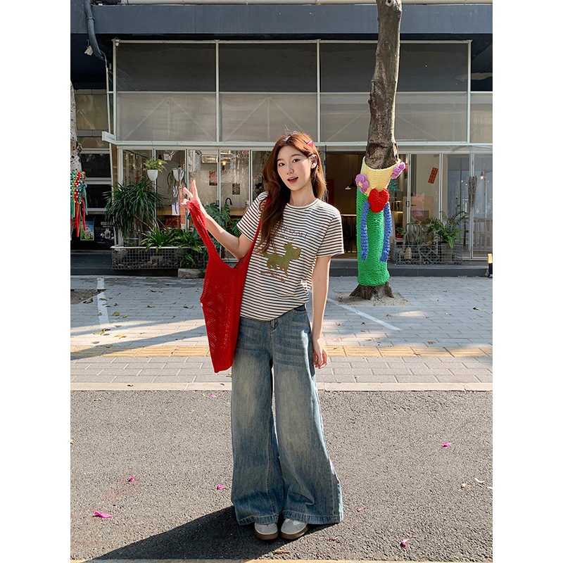 撞色條紋卡通印花圓領短袖t恤女2026新款寬松休閑百搭正肩小上衣