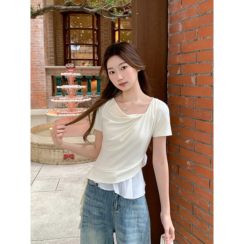 撞色蕩領短袖t恤女2026夏季新款甜美風假兩件設計感顯瘦氣質上衣