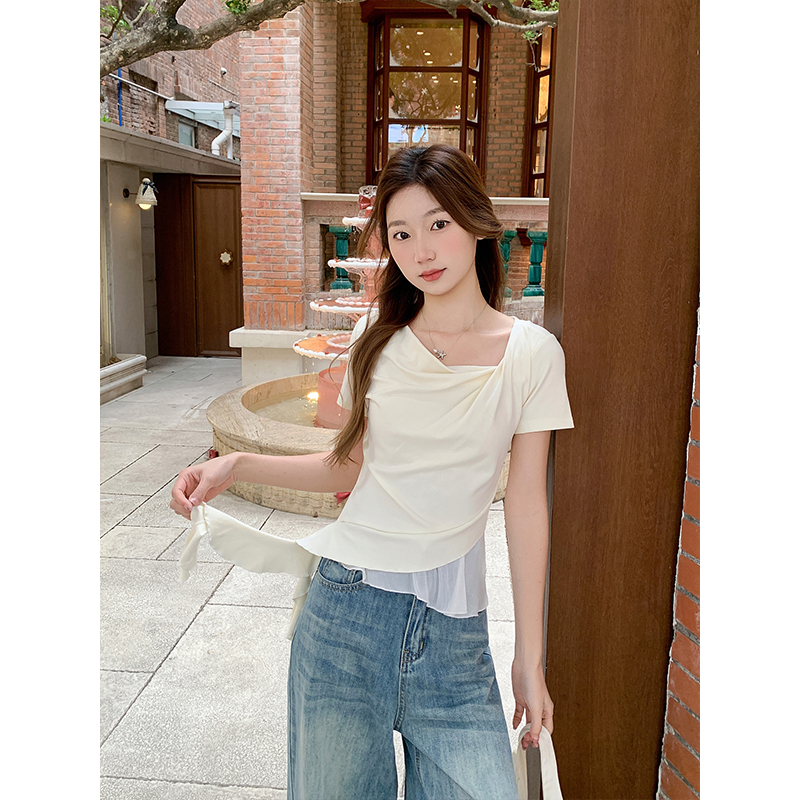 撞色蕩領短袖t恤女2026夏季新款甜美風假兩件設計感顯瘦氣質上衣