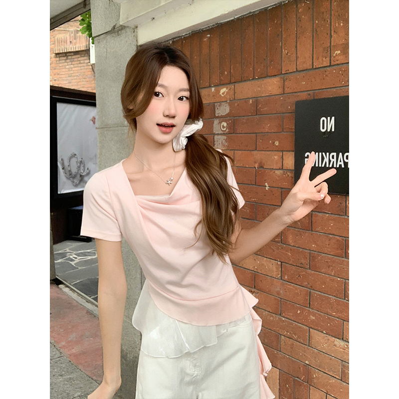 撞色蕩領短袖t恤女2026夏季新款甜美風假兩件設計感顯瘦氣質上衣