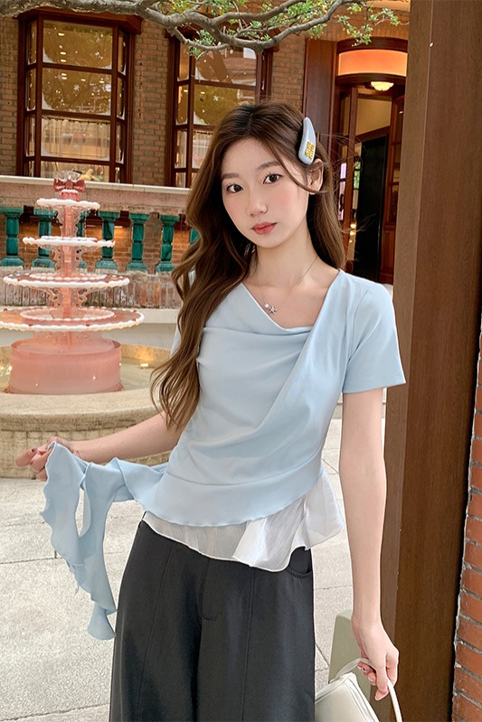 撞色蕩領短袖t恤女2026夏季新款甜美風假兩件設計感顯瘦氣質上衣