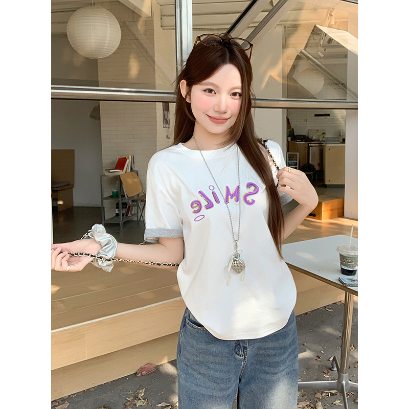 圓領撞色字母刺繡正肩t恤女夏季新款休閑寬松打底衫簡約百搭上衣