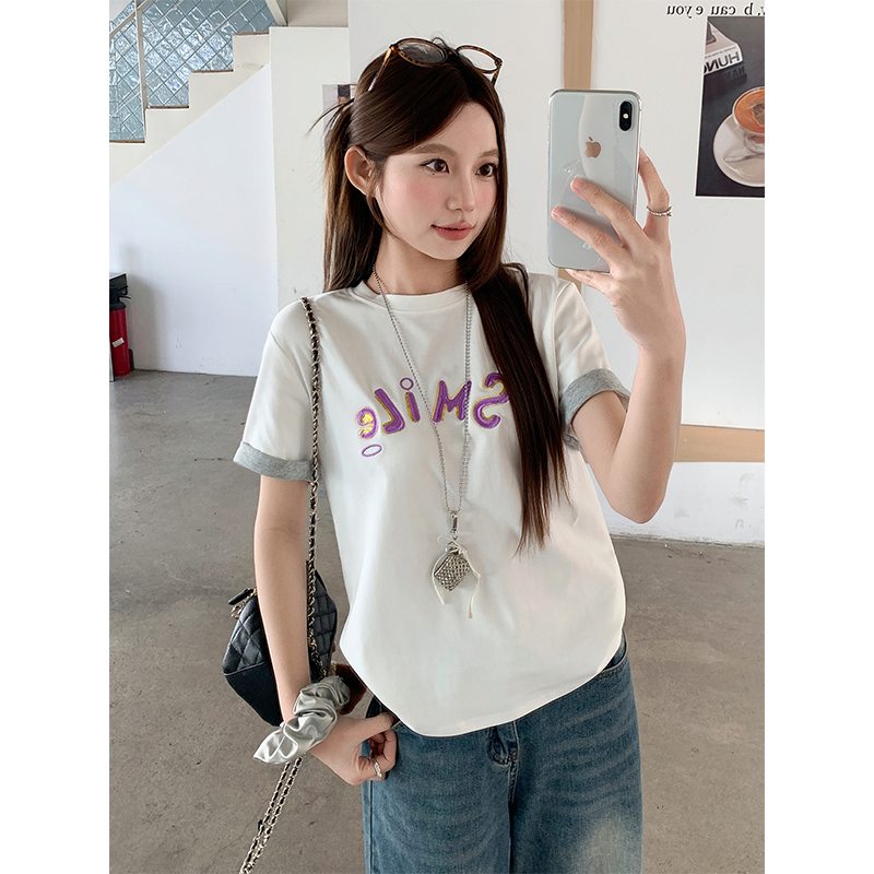 圓領撞色字母刺繡正肩t恤女夏季新款休閑寬松打底衫簡約百搭上衣