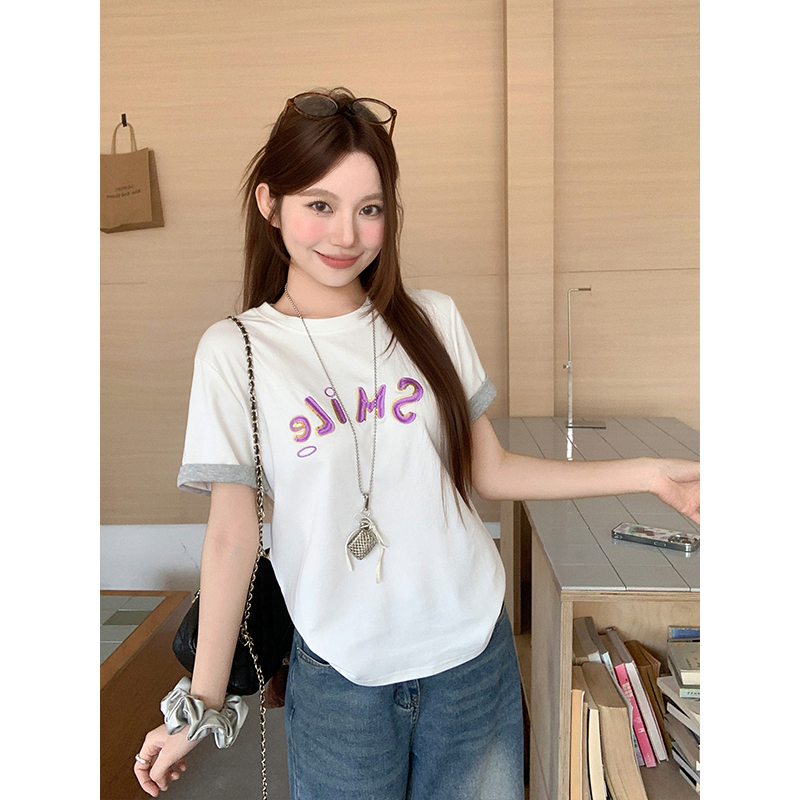 圓領撞色字母刺繡正肩t恤女夏季新款休閑寬松打底衫簡約百搭上衣