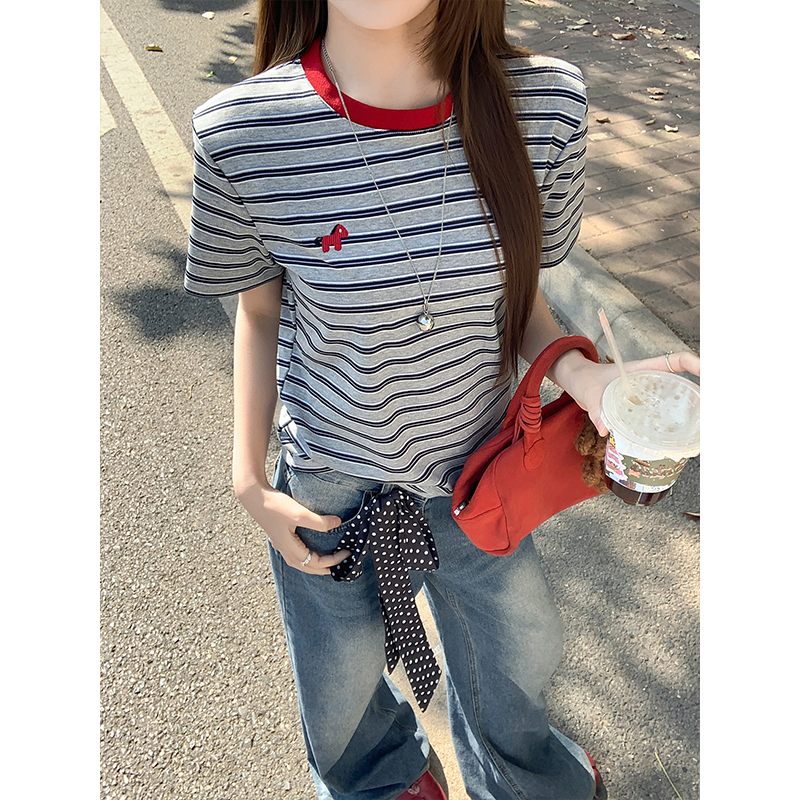 小馬刺繡撞色條紋短袖t恤女夏季新款復古打底衫小眾時尚百搭上衣