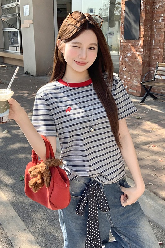 韓版撞色條紋圓領短袖t恤女2026年夏季新款時尚寬松休閑百搭上衣