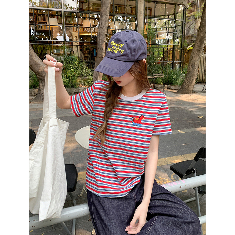 卡通刺繡條紋撞色圓領正肩短袖t恤女2026新款寬松休閑減齡小上衣