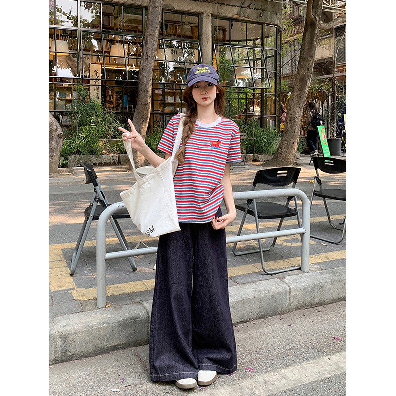 卡通刺繡條紋撞色圓領正肩短袖t恤女2026新款寬松休閑減齡小上衣