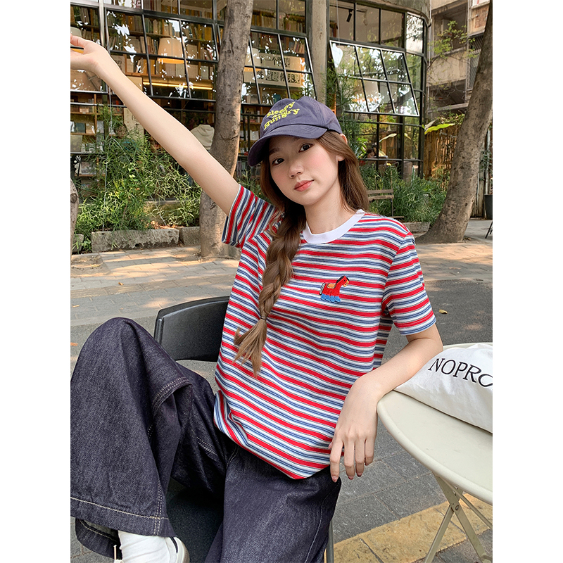 卡通刺繡條紋撞色圓領正肩短袖t恤女2026新款寬松休閑減齡小上衣