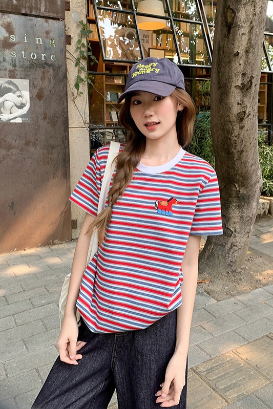 卡通刺繡條紋撞色圓領正肩短袖t恤女2026新款寬松休閑減齡小上衣