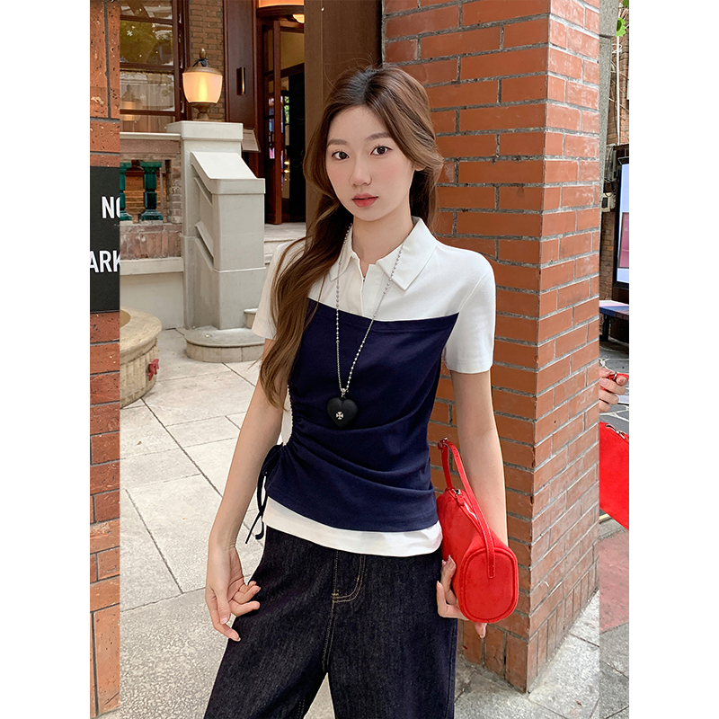韓系翻領正肩短袖T恤女2026夏季新款抽繩收腰顯瘦衫時尚氣質上衣