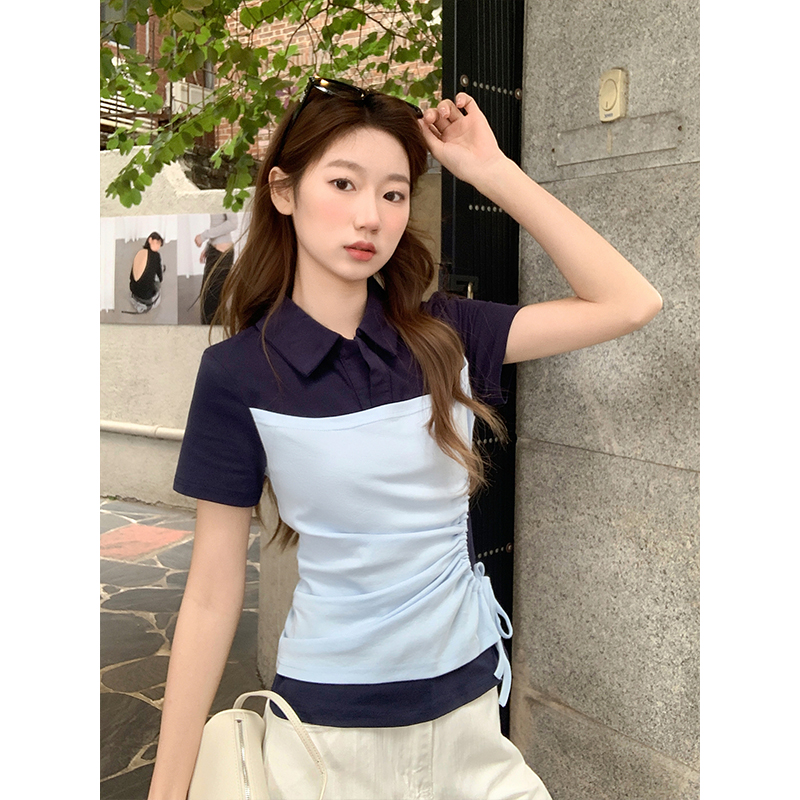 韓系翻領正肩短袖T恤女2026夏季新款抽繩收腰顯瘦衫時尚氣質上衣