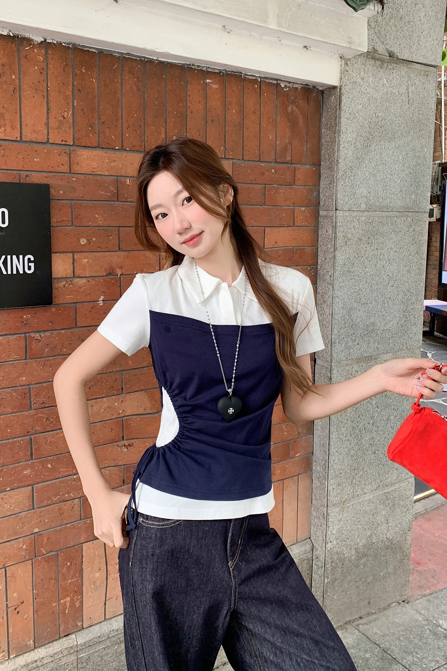 韓系翻領正肩短袖T恤女2026夏季新款抽繩收腰顯瘦衫時尚氣質上衣
