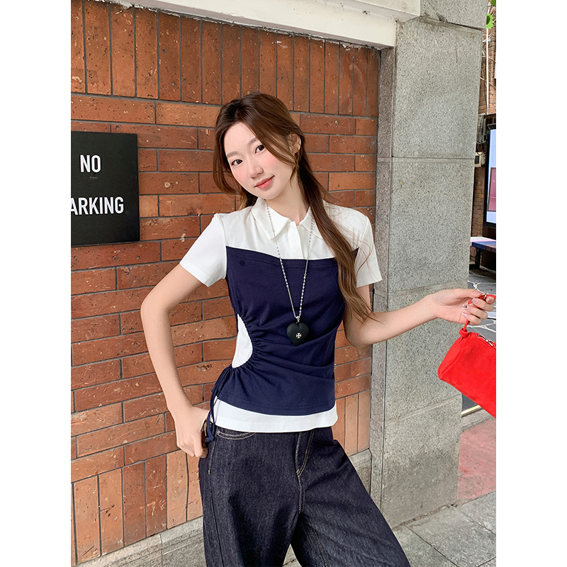 韓系假兩件撞色polo領短袖t恤女2026夏新款抽繩收腰顯瘦百搭上衣