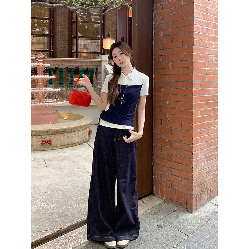 韓系假兩件撞色polo領短袖t恤女2026夏新款抽繩收腰顯瘦百搭上衣