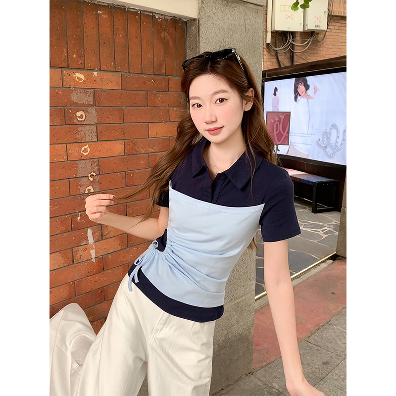 韓系假兩件撞色polo領短袖t恤女2026夏新款抽繩收腰顯瘦百搭上衣