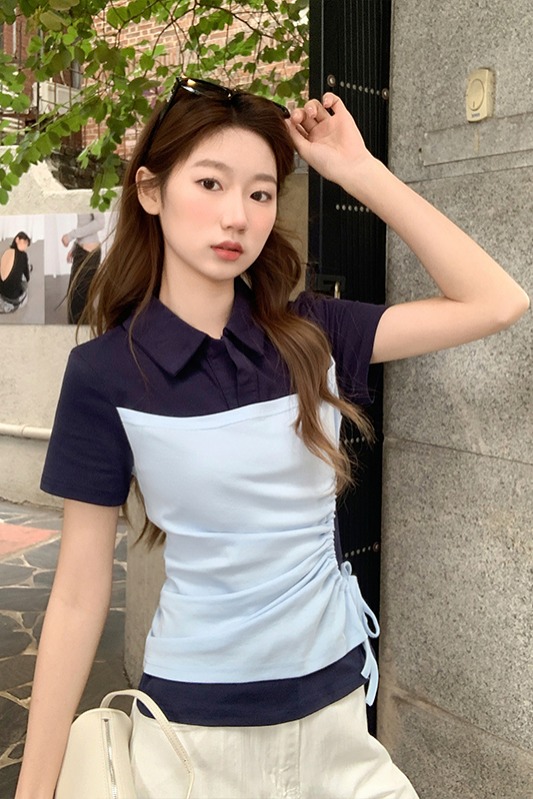 韓系假兩件撞色polo領短袖t恤女2026夏新款抽繩收腰顯瘦百搭上衣