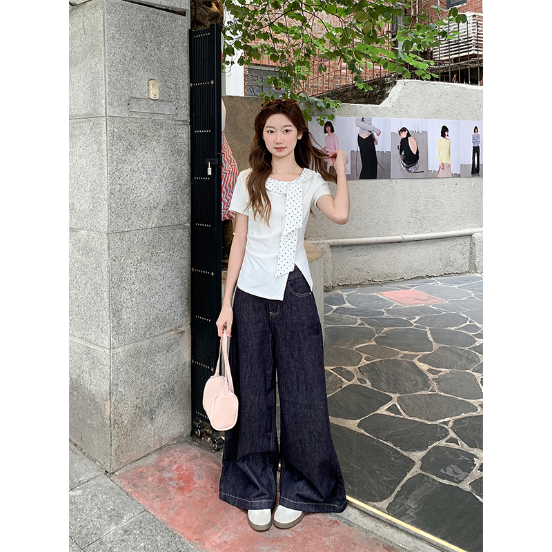 純色波點系帶領短袖t恤女夏季2026新款韓版褶皺收腰顯瘦百搭上衣