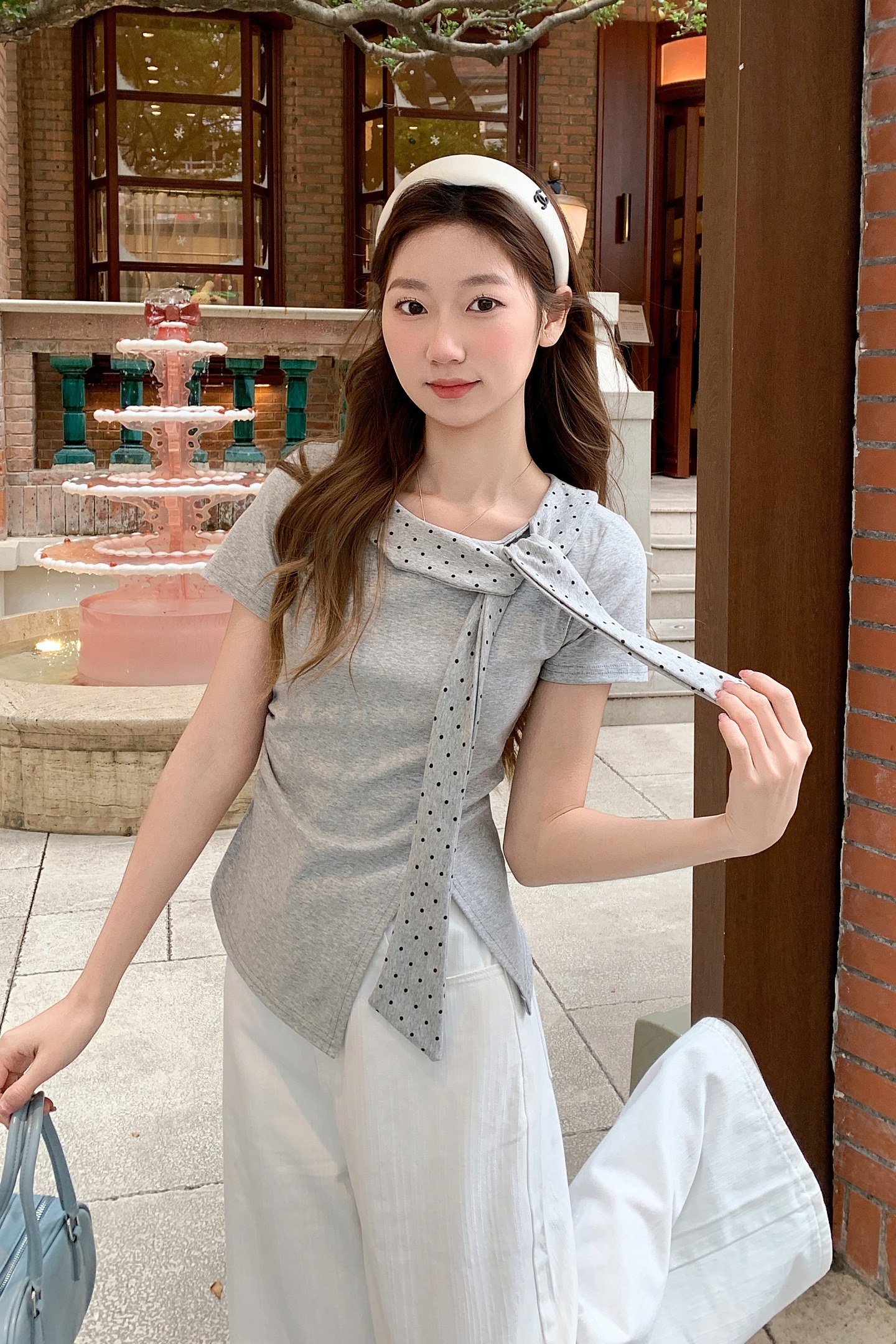 純色波點系帶領短袖t恤女夏季2026新款韓版褶皺收腰顯瘦百搭上衣