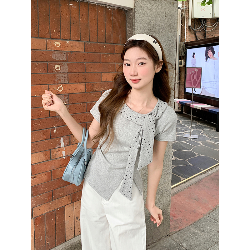 不規則下擺開叉短袖t恤女2026夏季新款甜美風波點系帶領收腰上衣